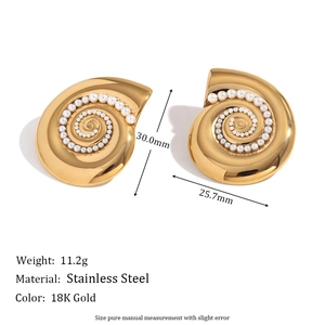 18K gold plated stainless steel conch shell stud earrings with faux pearls