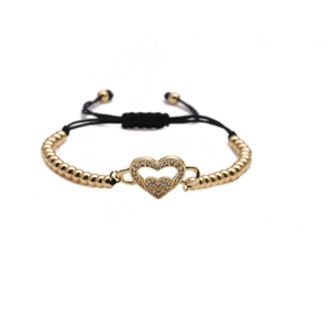 Adjustable gold heart pendant beaded bracelet with cubic zirconia and black woven cord