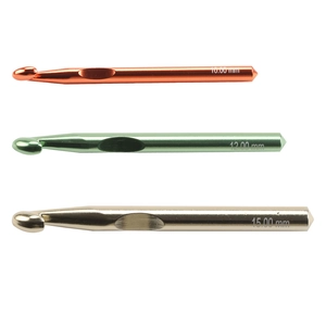 Three aluminum crochet hooks in 10mm 12mm 15mm sizes with colorful metallic finish
