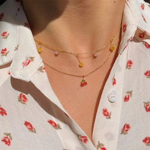 Fruit Pendant Necklace Copper Gold Plated Colorful Zircon Cherry Peach Watermelon Pineapple Sweet Summer Style Women