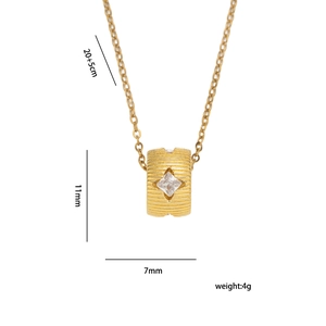 Vintage brushed gold cylinder necklace with square white zircon pendant and beaded chain
