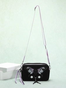 Butterfly Print PU Leather Crossbody Camera Bag With Adjustable Purple Strap Silver Rivets Gothic Dark Aesthetic Square Bag