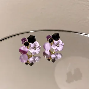Vintage Flower Stud Earrings Alloy Rhinestone Cat Eye Bead Crystal Sweet Jewelry With 925 Sterling Silver Earring Post