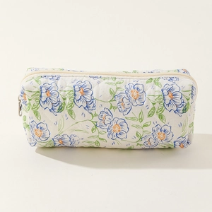 Close-up of quilted floral cotton fabric with blue flowers and a sturdy zipper closure