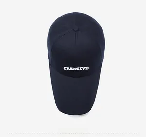 Detailed top view of navy baseball cap featuring high-quality white Creative embroidery