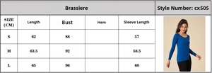 Size chart for slim fit long sleeve yoga top with length, bust, and sleeve measurements
