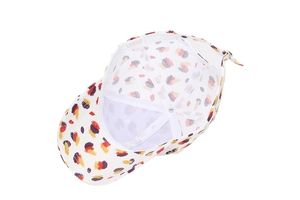 Detail of colorful graffiti baseball cap interior showing white lining and fabric care label