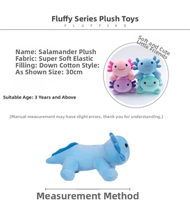 Detailed specs of 30cm soft axolotl plushies showing fabric materials and size dimensions