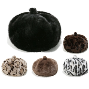 Women Winter Faux Fur Leopard Print Beret Hat Warm Fuzzy Plush Pumpkin Cap With Pom Pom Elegant Autumn Fashion Accessory