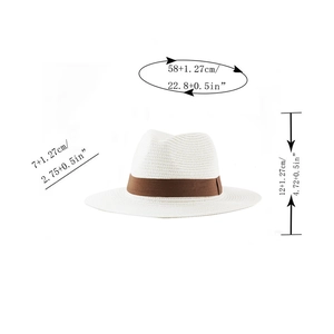 Detail showing dimensions for the white straw panama hat with brown ribbon trim