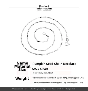 Detailed specs of S925 sterling silver melon seed chain necklace in 16 and 18 inch lengths