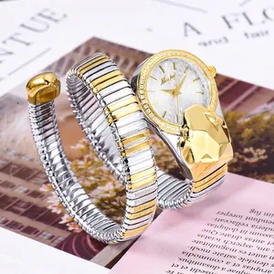 Elegant gold and silver snake shaped wrap watch with sparkling crystal bezel for women