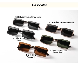 Detailed catalog of rectangular metal sunglasses showing five different frame and lens colors