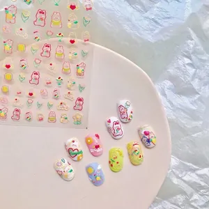Cute bunny and flower 5D embossed nail art stickers with macaron 3D relief texture