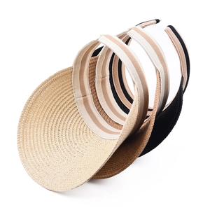 Three open-top straw sun hats in beige, light brown, and black with fine woven textures