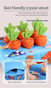 Close-up of crystal velvet carrot pull toy showing soft texture and removable design