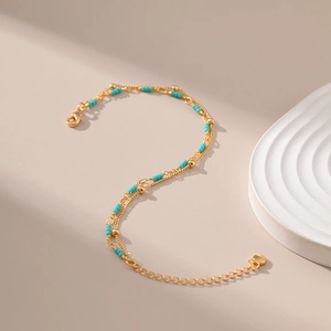 Double-layer 18K gold plated bead chain bracelet with turquoise stone accents
