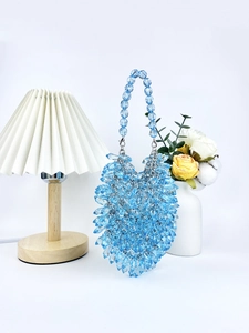 Detailed view of blue crystal beaded handbag showing intricate handmade weave and texture