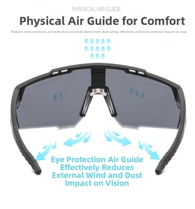 Detail showing physical air guide design with arrows for airflow on sports cycling glasses