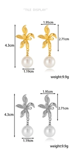 Detailed tile display of flower pearl earrings showing dimensions and technical specs