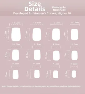 Size guide for long square press-on nails featuring 12 different widths and heights