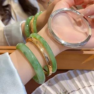 New Chinese Style Resin Inked Bangle Bracelet Minimalist Smooth Geometric Metal Alloy Stackable Hand Jewelry For Women
