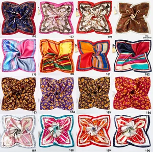 Detailed grid of 16 assorted square neck scarves with elegant vintage silk patterns
