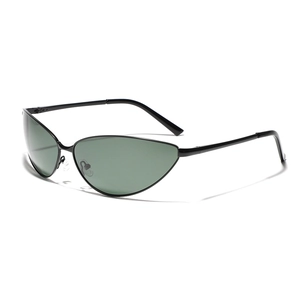 Y2K futuristic cat-eye sunglasses with thin black metal frame and dark green lenses