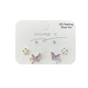Three-pair earring set with 925 silver needles featuring colorful laser butterfly and flowers