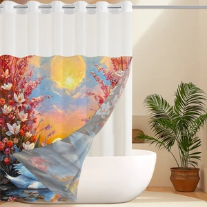 Vue détaillée du rideau de douche double couche imperméable avec motif de cygne et fleurs