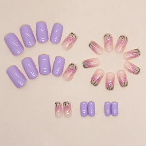 Lavender flower press-on nails set with glossy purple finish and floral design
