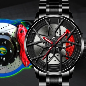Macro shot of the racing wheel hub watch dial with red brake caliper and metal texture