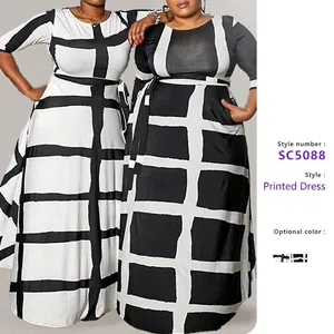 Plus Size Maxi Dress Women Geometric Grid Stripe Print Round Neck Waist Tie Chic Casual Long Streetwear Gown