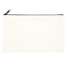 Macro shot of a plain white Oxford cloth pouch featuring a sturdy black zipper closure