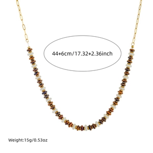 Vintage stainless steel chain necklace with brown tiger eye beads and white resin beads