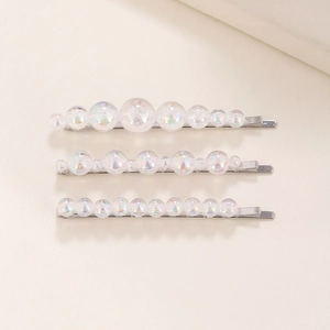 Three-piece colorful iridescent pearl hair clips with silver metal pins for women