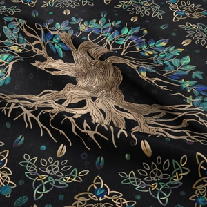 Detail of bohemian moon phase tapestry showing Tree of Life with Celtic knot patterns