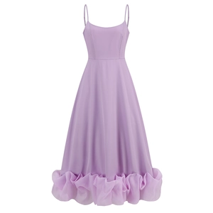 Detail view of lavender spaghetti strap dress featuring romantic tiered ruffle layers