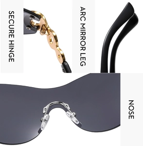 Detailed view of golden hinges, arc legs, and nose pads on Y2K rimless sunglasses