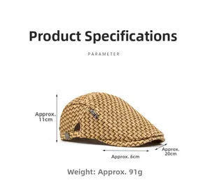 Detailed view of brown woven straw flat cap with dimensions and parameter labels