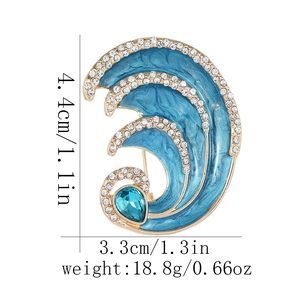 Blue ocean wave brooch size guide showing 4.4cm height and rhinestones detail