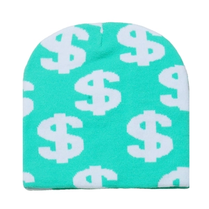 Close-up of mint green knit beanie featuring white dollar sign patterns and fine texture