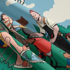 Vue macro détaillée du tissu imprimé numérique avec illustrations de camping en plein air