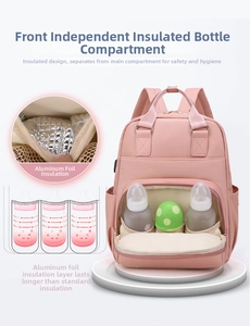 Front insulated pocket with foil lining for three baby bottles in a pink diaper bag