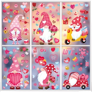 Pink Valentine's Day double-sided static window clings with cute gnomes and hearts