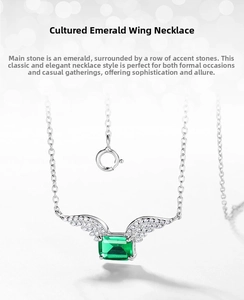 Detailed macro view of S925 silver angel wing necklace with emerald gemstone