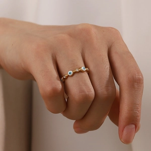 18K gold plated evil eye open ring for women with blue enamel and white zircon stones
