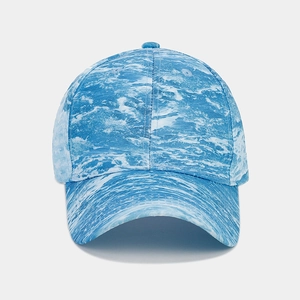 Front view of six-panel baseball cap with blue and white water wave digital print pattern