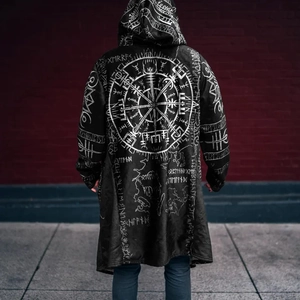 Men's Viking rune printed hooded cloak in black and white with a long loose fit design