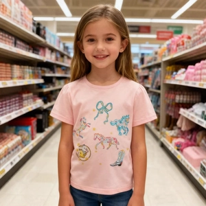 Girls Cotton Short Sleeve T-Shirt Cartoon Unicorn Carousel Print Breathable Pink Round Neck Summer Top